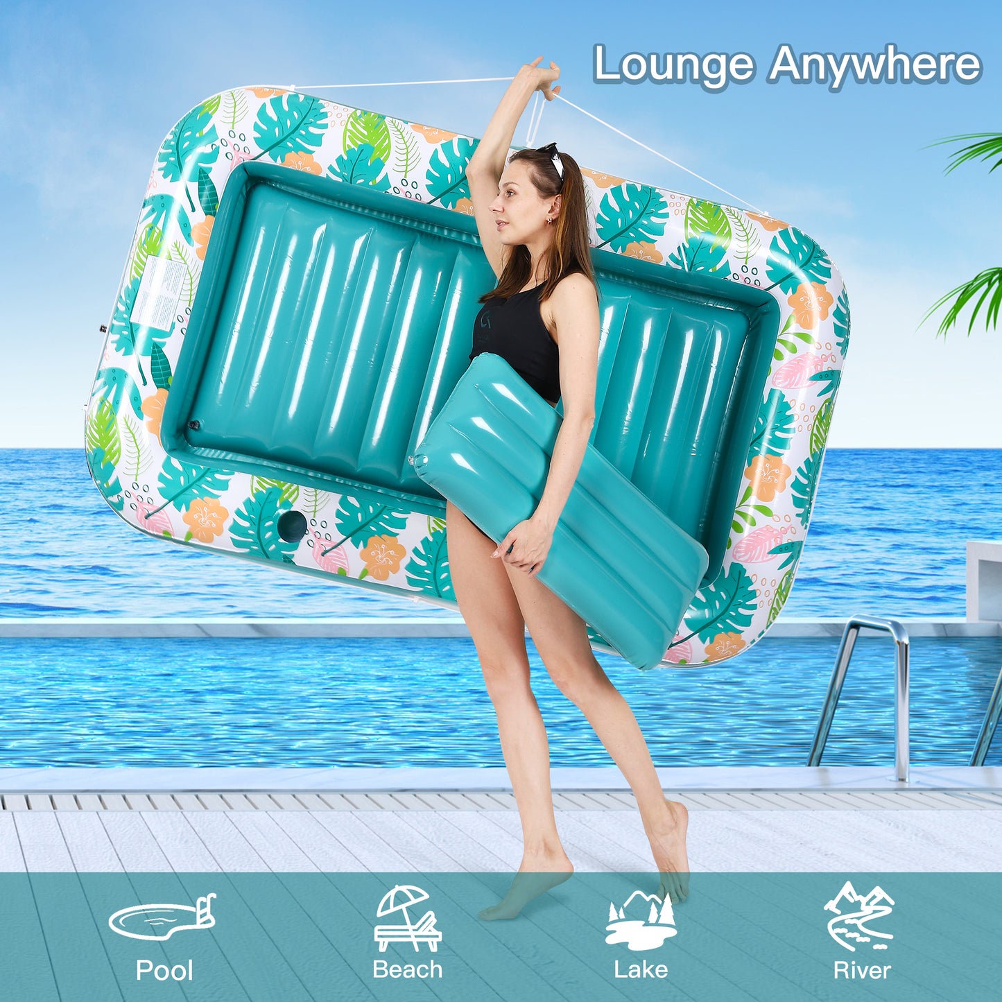 Inflatable Tanning Pool Lounger Float Water Filled Pool Floats Adult with Pillow & Cup Holder