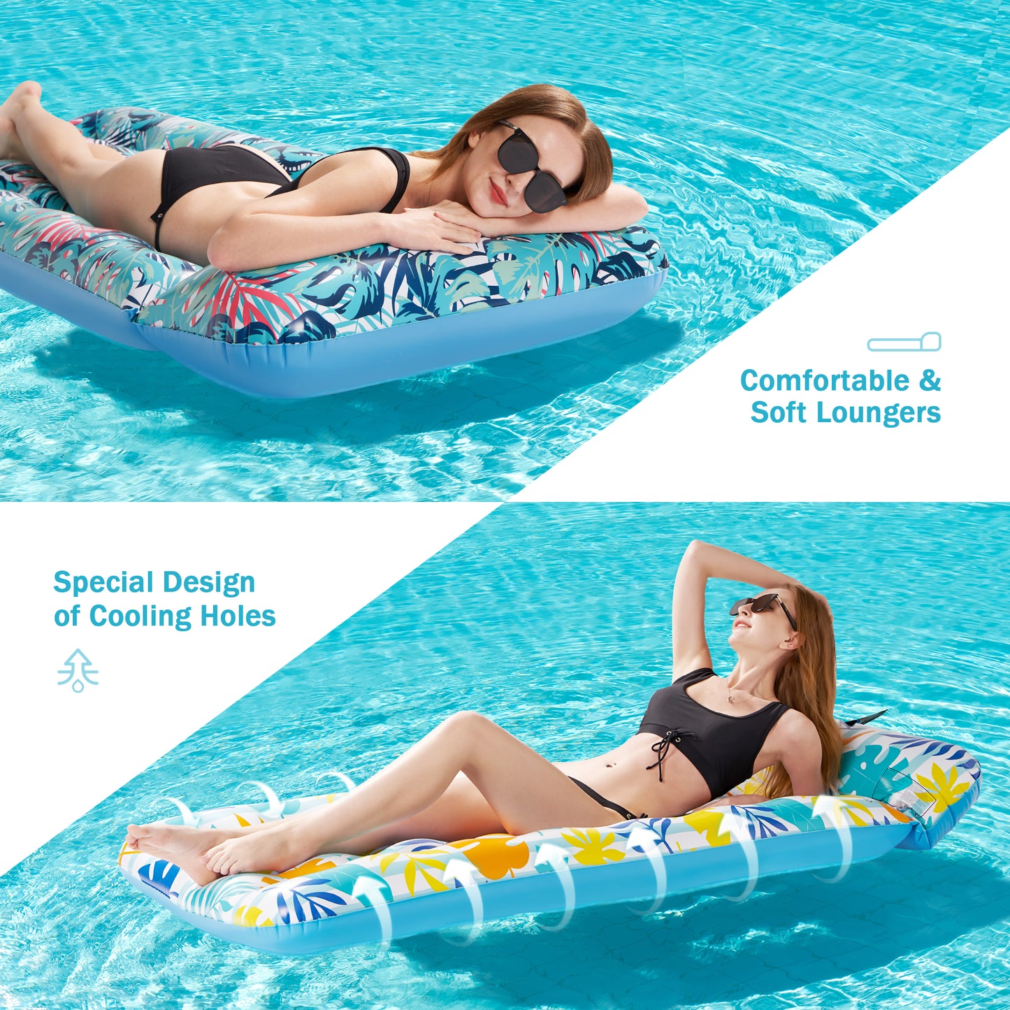 2 Pack Inflatable Pool Floats Adult with Headrest Multi-Purpose Pool Lounger