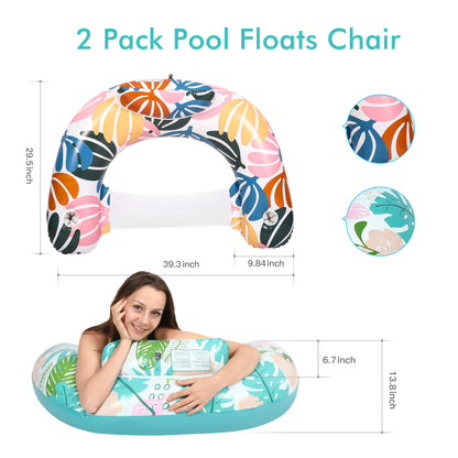 2 Pack Pool Floats Chairs with Cup Holders & Backrest for Summer Pool Parties