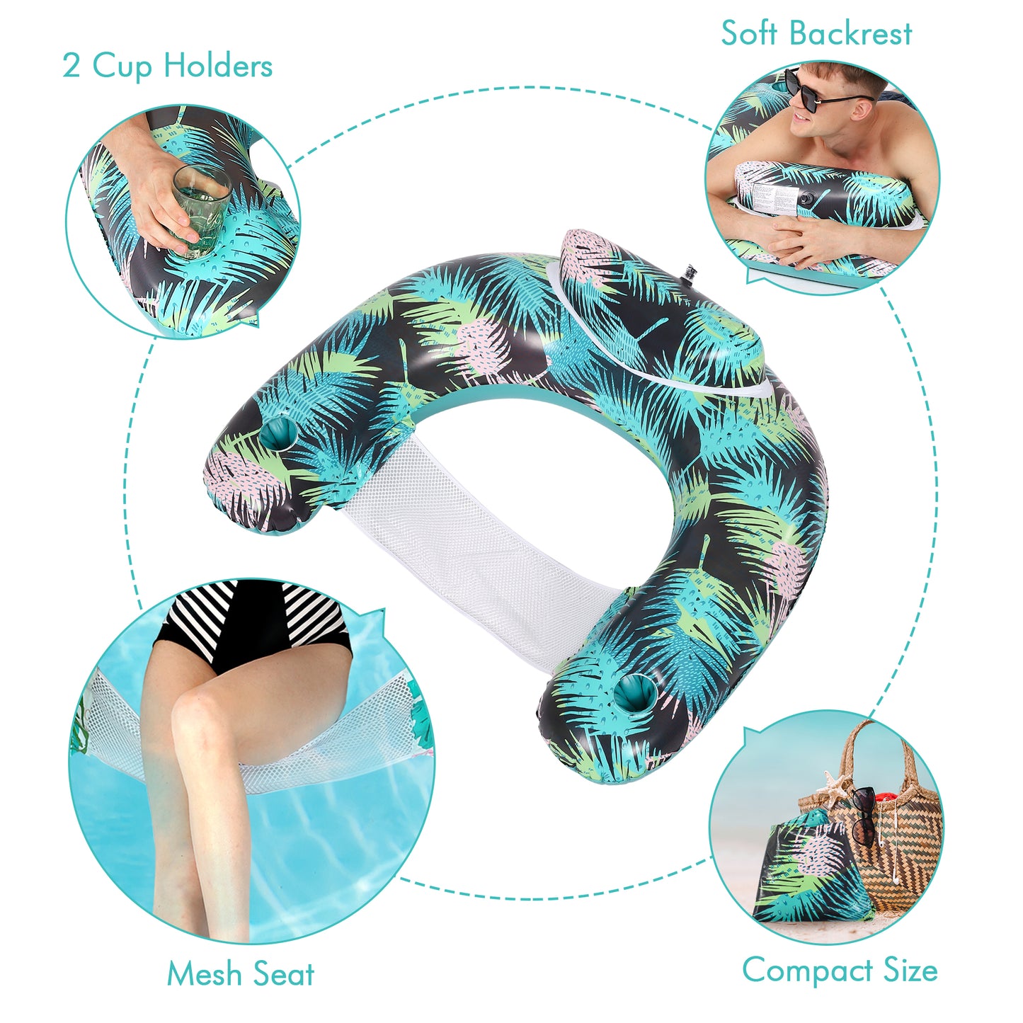 4 Pack Pool Floats Chairs with Cup Holders & Backrest for Summer Swimming Pool Beach