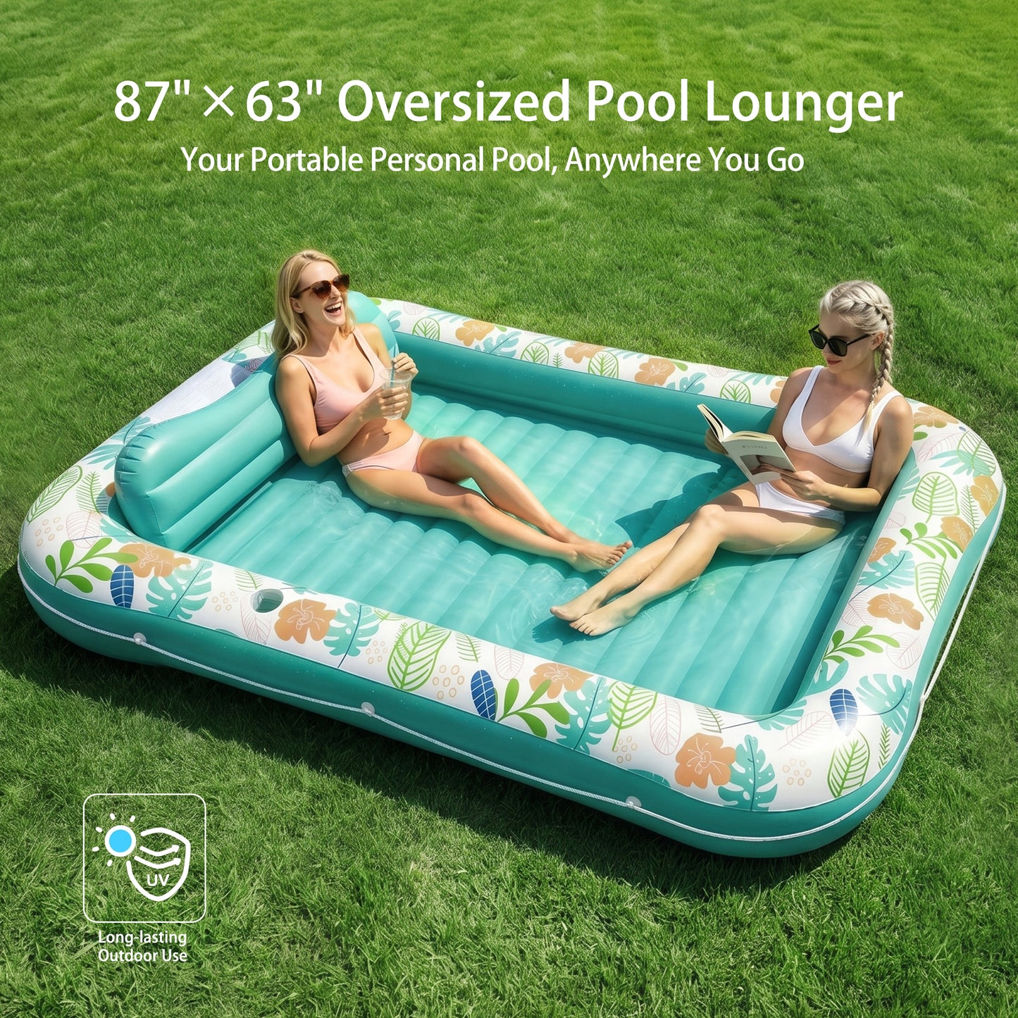 Inflatable Tanning Pool Lounger Float, Stonful 87" x 63" Pool Floats Adult with Pillow & Cup Holder, 4 in 1 Water Filled Inflatable Sun Tan Tub Tanning Bed for Swimming Pool Backyard Beach (Green-XL)