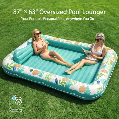 Inflatable Tanning Pool Lounger Float, Stonful 87" x 63" Pool Floats Adult with Pillow & Cup Holder, 4 in 1 Water Filled Inflatable Sun Tan Tub Tanning Bed for Swimming Pool Backyard Beach (Green-XL)