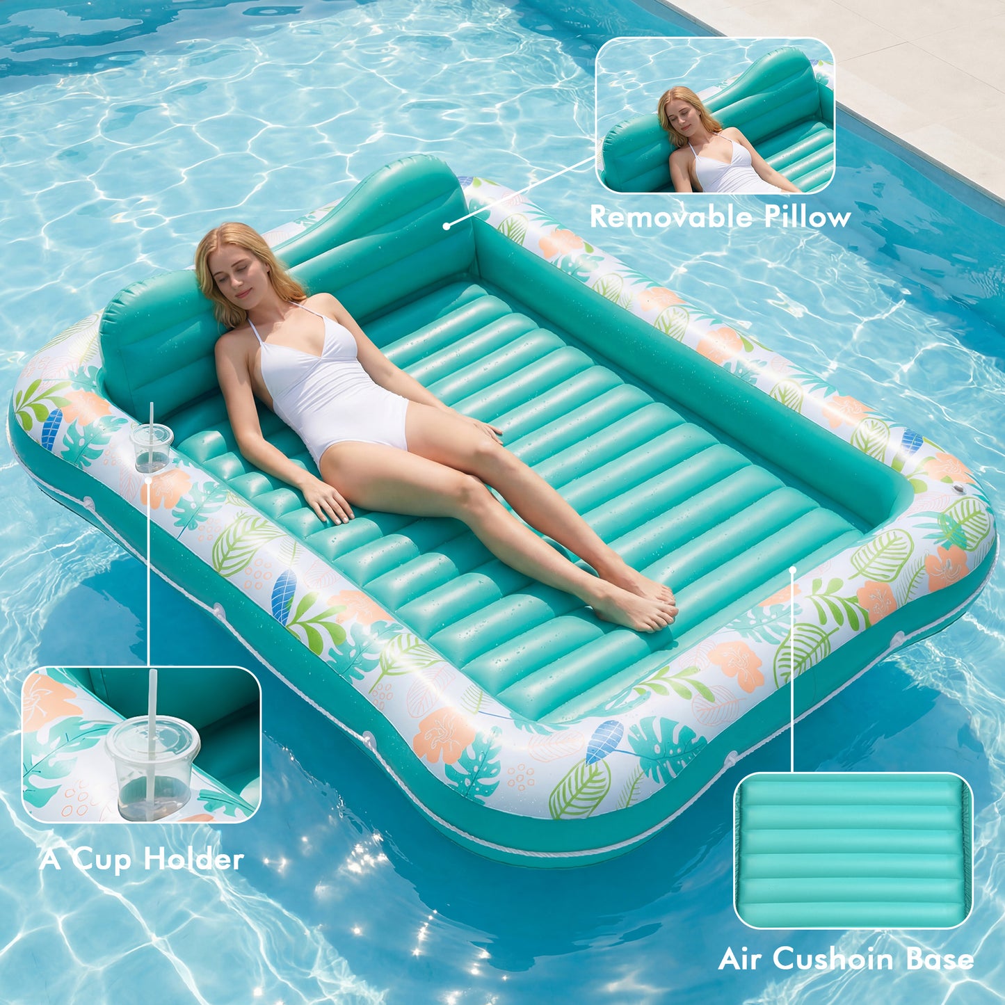 Inflatable Tanning Pool Lounger Float, Stonful 87" x 63" Pool Floats Adult with Pillow & Cup Holder, 4 in 1 Water Filled Inflatable Sun Tan Tub Tanning Bed for Swimming Pool Backyard Beach (Green-XL)