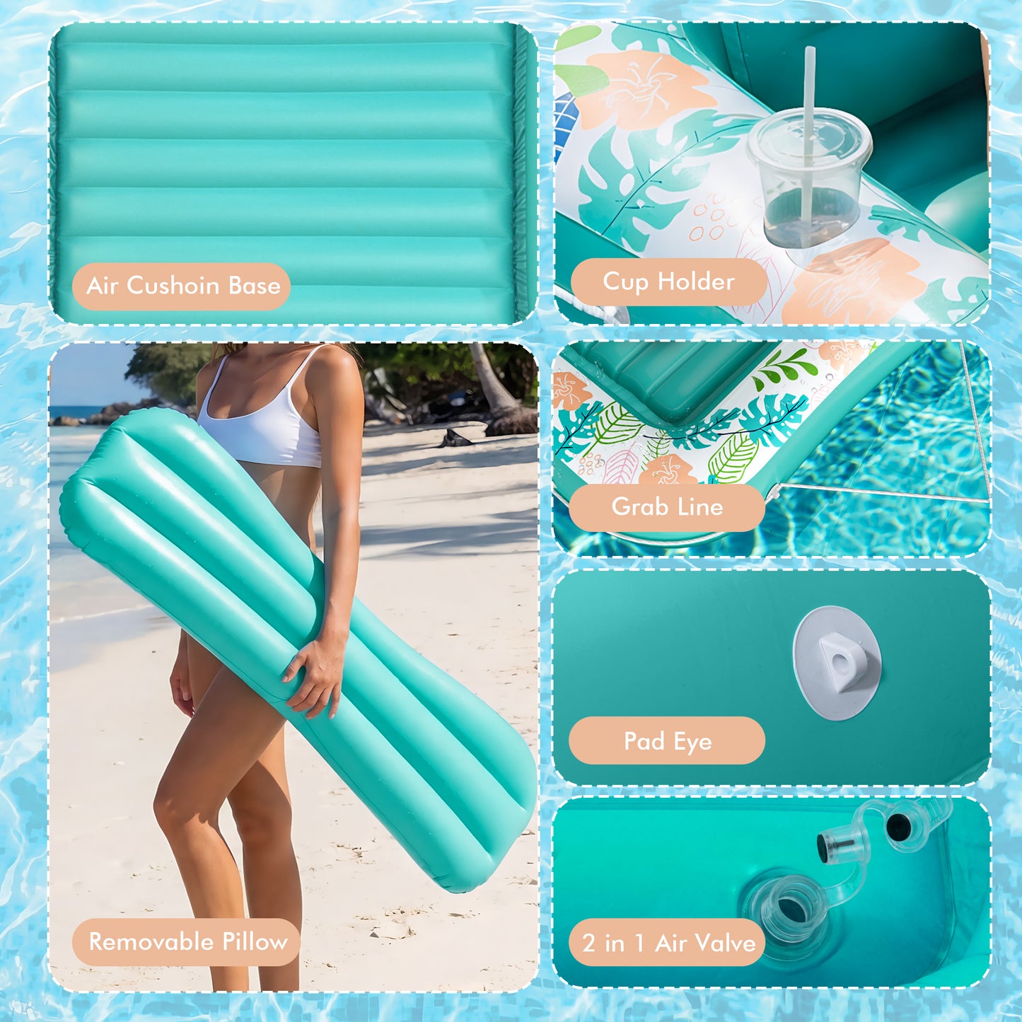 Inflatable Tanning Pool Lounger Float, Stonful 87" x 63" Pool Floats Adult with Pillow & Cup Holder, 4 in 1 Water Filled Inflatable Sun Tan Tub Tanning Bed for Swimming Pool Backyard Beach (Green-XL)